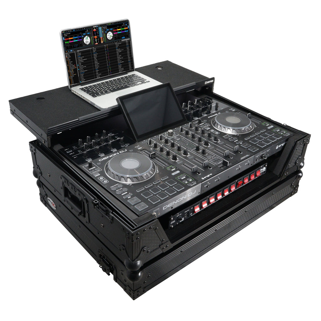 ProX XS-PRIME4WLTBL - ATA Flight Case For Denon PRIME 4 DJ Controller with Laptop Shelf 1U Rack Space and Wheels - Black