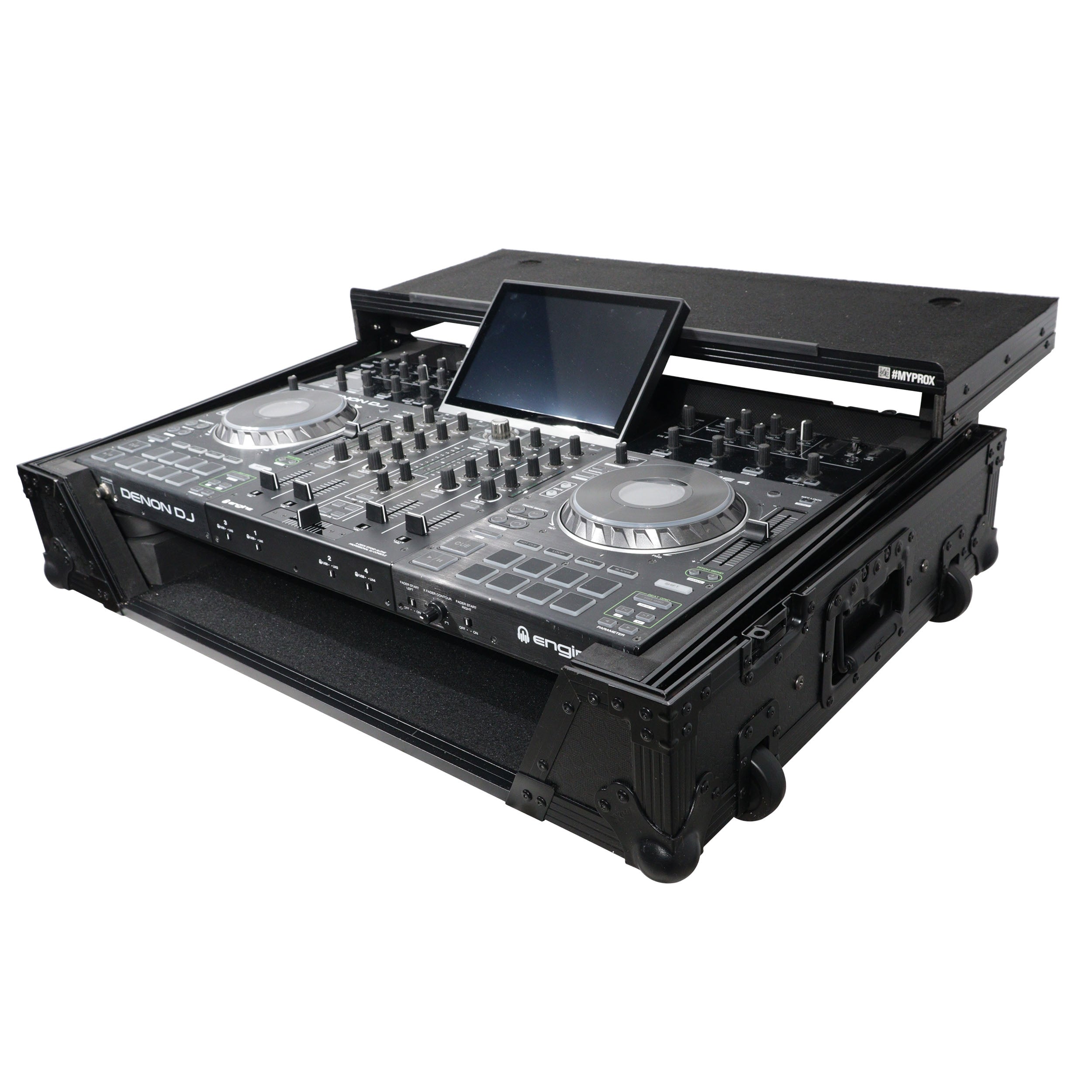 ProX XS-PRIME4WLTBL - ATA Flight Case For Denon PRIME 4 DJ Controller with Laptop Shelf 1U Rack Space and Wheels - Black