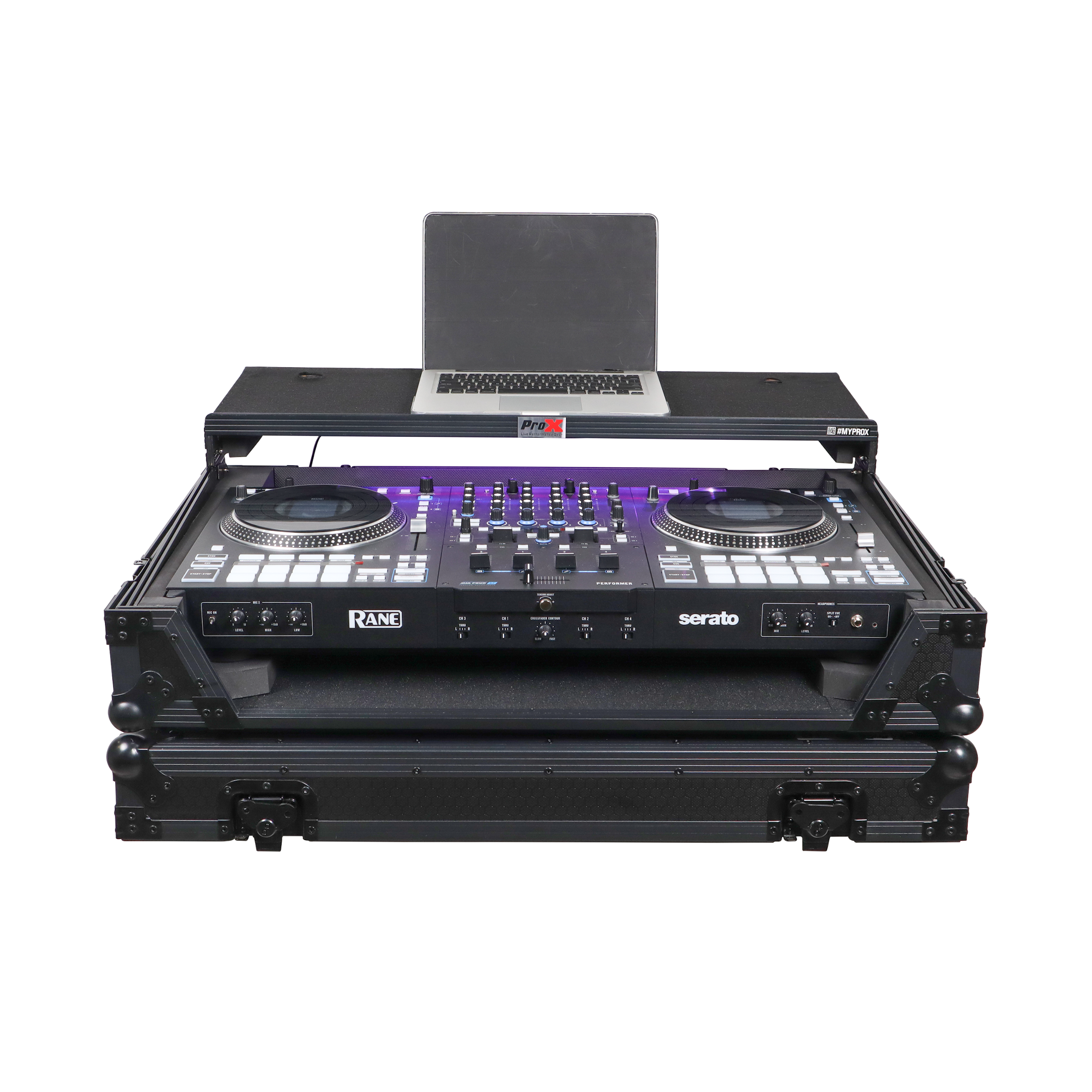 ProX XS-RANEFOURWLTBLLED - ATA Flight Style Road Case For RANE Four or RANE Performer DJ Controller with Laptop Shelf 1U Rack Space LED and Wheels - Black