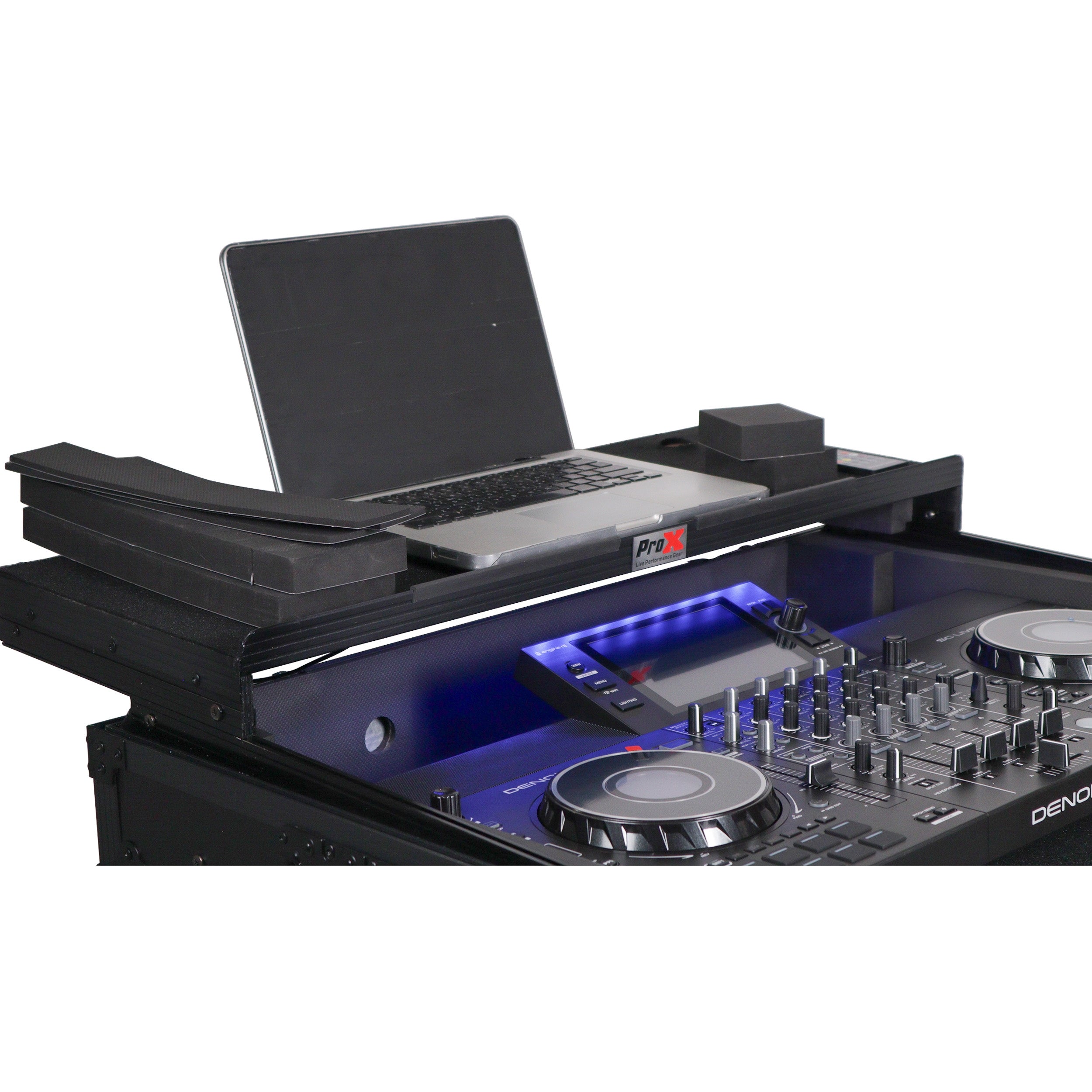 ProX XS-SCLIVE4WLTBLLED - ATA Flight Style Road Case For Denon SC Live 4 Controller with Laptop Shelf 1U Rack Space RGB LED Black Finish