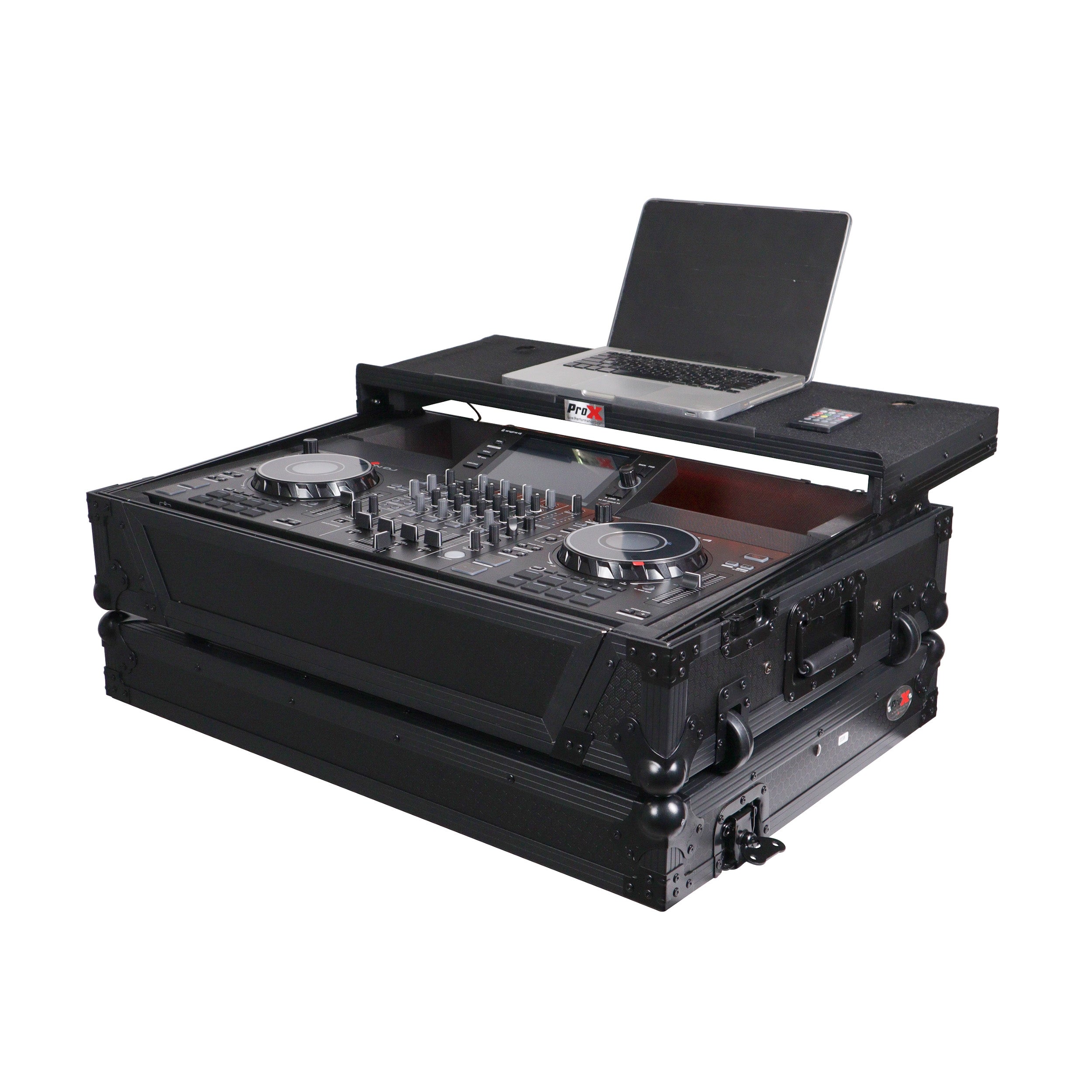 ProX XS-SCLIVE4WLTBLLED - ATA Flight Style Road Case For Denon SC Live 4 Controller with Laptop Shelf 1U Rack Space RGB LED Black Finish