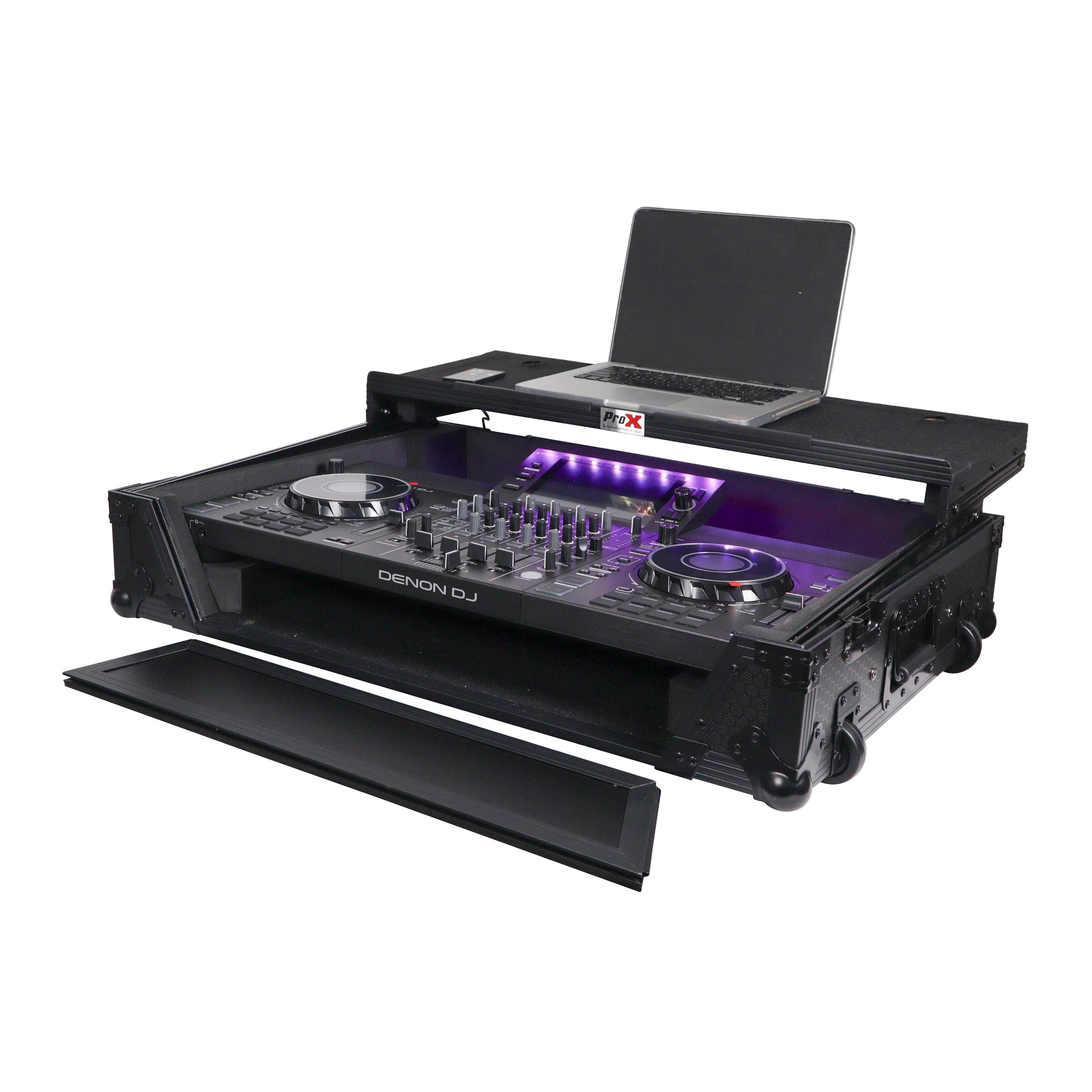 ProX XS-SCLIVE4WLTBLLED - ATA Flight Style Road Case For Denon SC Live 4 Controller with Laptop Shelf 1U Rack Space RGB LED Black Finish