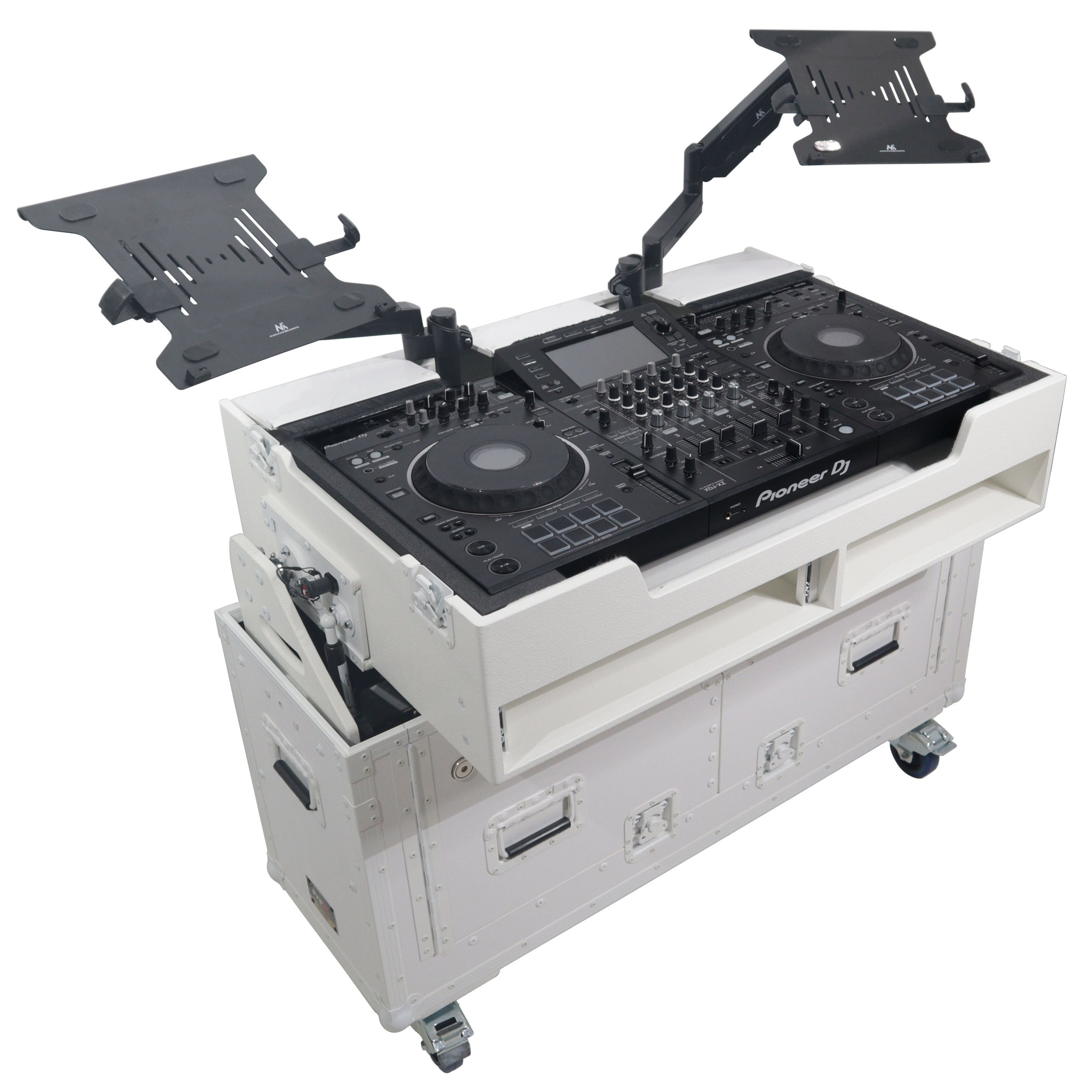 ProX XZF-UCXXWHITE - Flip-Ready Hydraulic DJ Flight Case For Pioneer DDJ-REV7 XDJ-XZ Opus Quad with Wheels and 2x Laptop Trays (White)