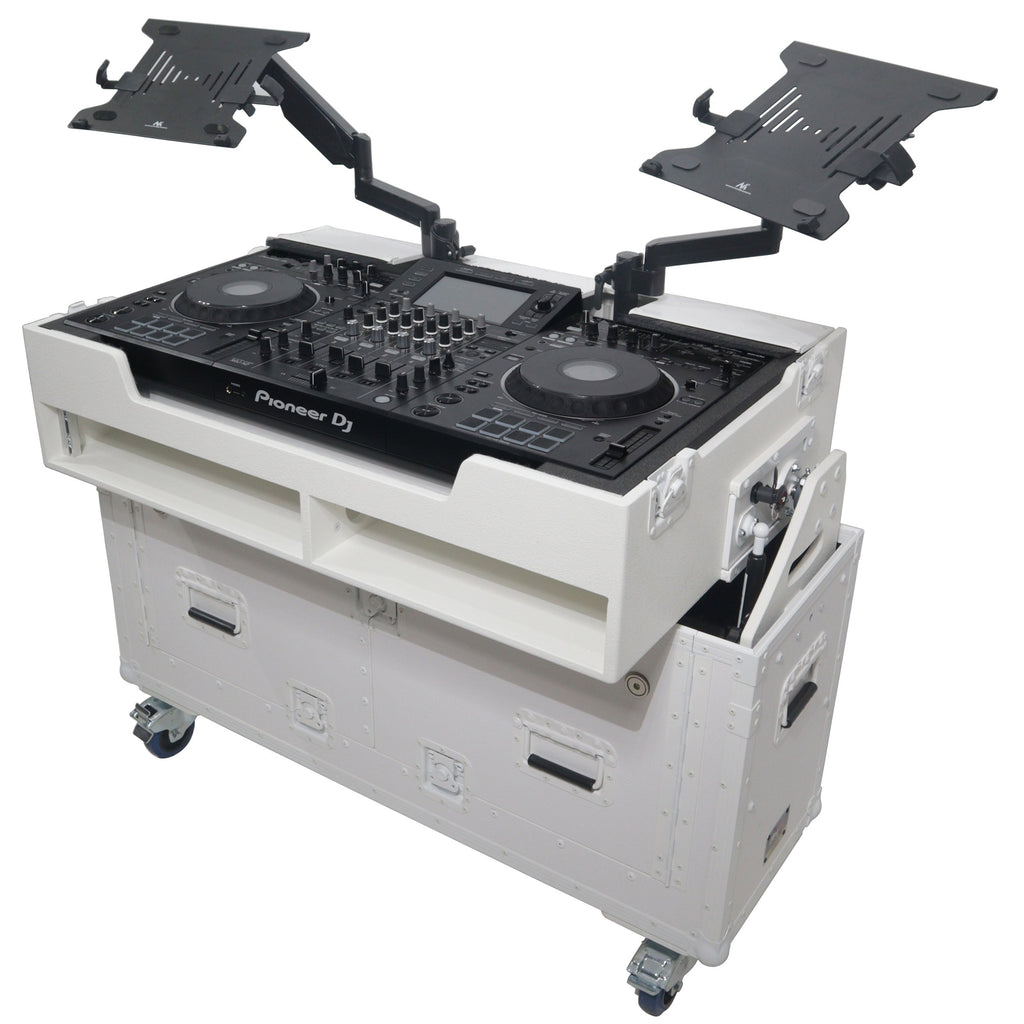 ProX XZF-UCXXWHITE - Flip-Ready Hydraulic DJ Flight Case For Pioneer DDJ-REV7 XDJ-XZ Opus Quad with Wheels and 2x Laptop Trays (White)