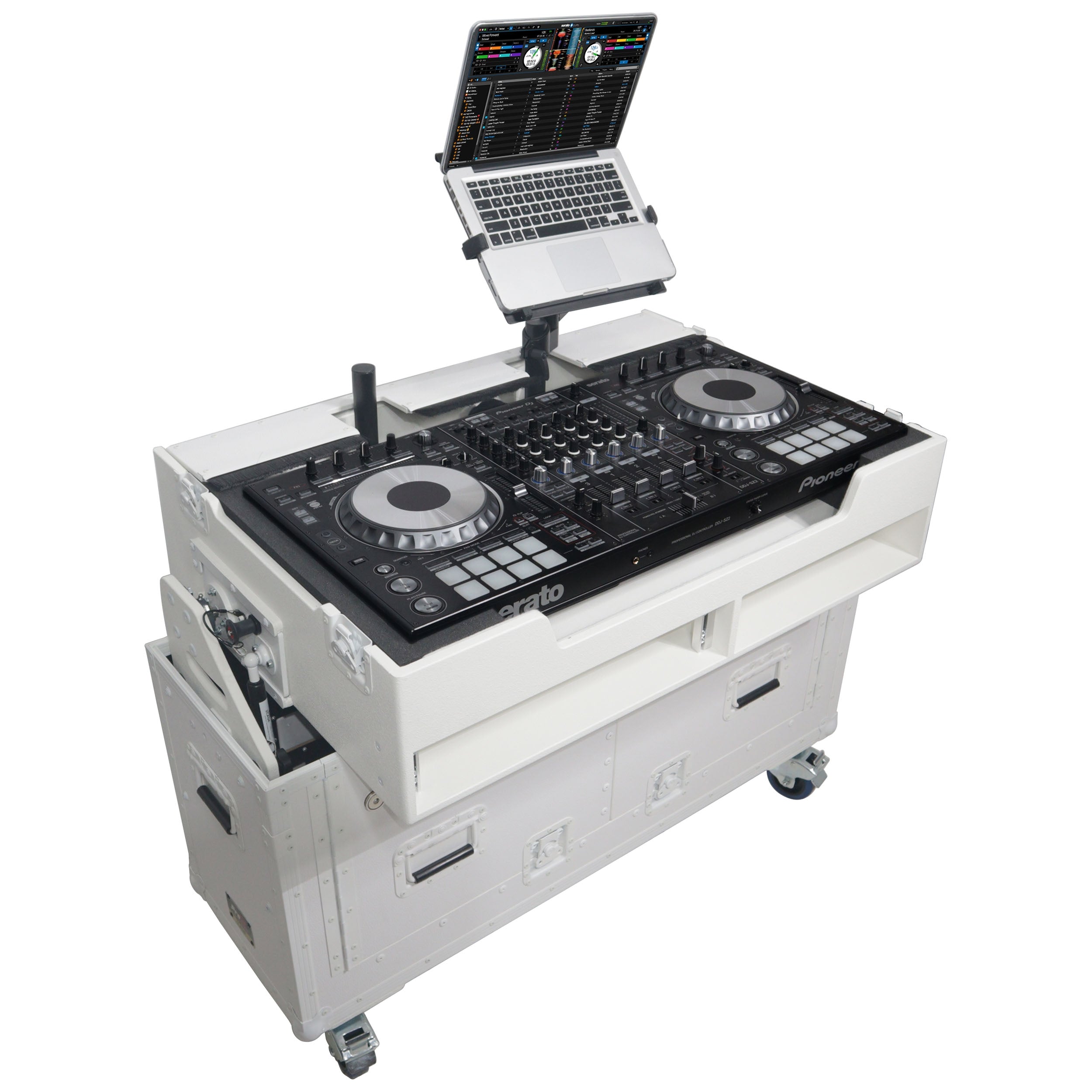 ProX XZF-UCXXWHITE - Flip-Ready Hydraulic DJ Flight Case For Pioneer DDJ-REV7 XDJ-XZ Opus Quad with Wheels and 2x Laptop Trays (White)