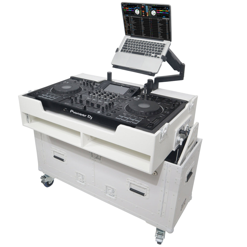 ProX XZF-UCXXWHITE - Flip-Ready Hydraulic DJ Flight Case For Pioneer DDJ-REV7 XDJ-XZ Opus Quad with Wheels and 2x Laptop Trays (White)