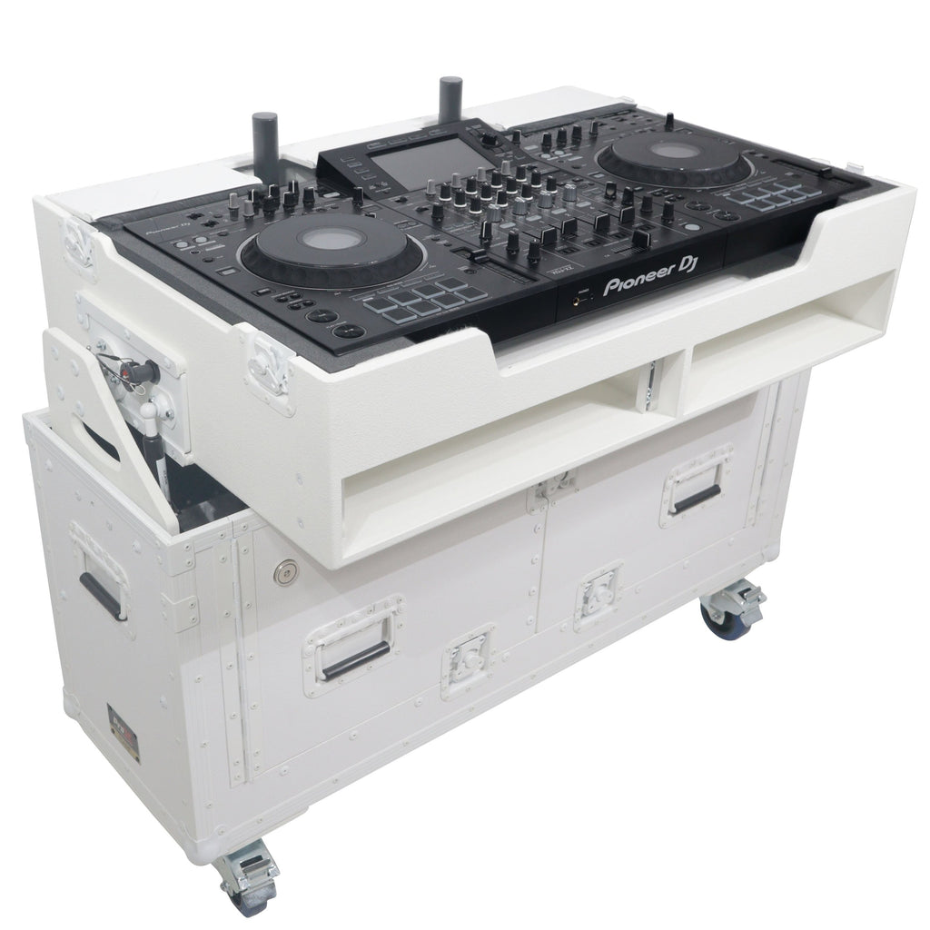 ProX XZF-UCXXWHITE - Flip-Ready Hydraulic DJ Flight Case For Pioneer DDJ-REV7 XDJ-XZ Opus Quad with Wheels and 2x Laptop Trays (White)